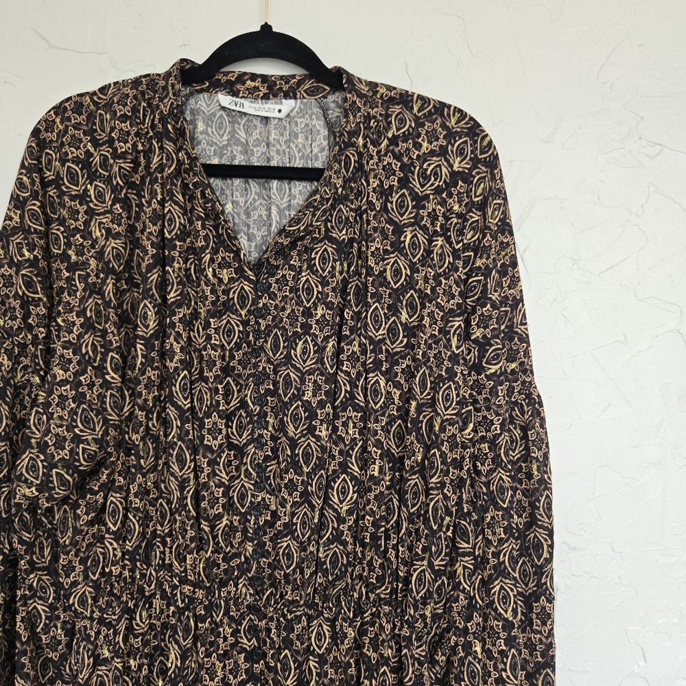 Zara Button Front Patterned Gold Black Dress, M - image 4